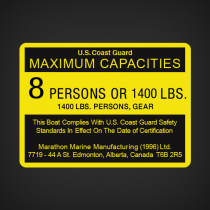 Marathon Marine Manufacturing Boat Capacity decal U.S COAST GUARD MAXIMUM CAPACITIES  8 PERSONS OR 1400 LBS. 1400 LBS. PERSONS, GEAR  This Boat Complies With U.S Coast Guard Safety Standards In Effect On The Date Of Certification.  Marathon Marine Manufac