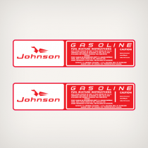 1960's Johnson 3 U.S Gallons Fuel Tank decal set  FUEL MIXTURE INSTRUCTIONS  MIX 8 FLUID OUNCES OF OMC 2 CYCLE MOTOR OIL TO 2½ (IMPERIAL) GALLONS OF GASOLINE. IF OMC OIL IS NOT AVAILABLE SEE OWNER'S MANUAL FOR SUBSTITUTE                            MIXING 