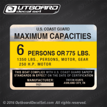 U.S. COAST GUARD MAXIMUM CAPACITIES   6 PERSONS OR 775 LBS 1350 LBS, PERSONS, MOTORS, GEAR  250 H.P. MOTOR  THIS BOAT COMPLIES WITH U.S. COAST GUARD SAFETY STANDARDS IN EFFECT ON THE DATE OF CERTIFICATION  MANUFACTURER: TRITON BOATS ASHLAND CITY, TN MODEL