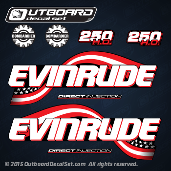 2004 2005 Evinrude 250 hp Direct Injection decal set for Flag Decals FHL FHX MODELS 0215317, 0216343, 0215320, 0215556, 0215319