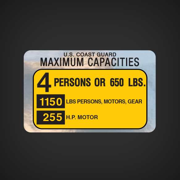 Generic Boat Capacity Decal  U.S. COAST GUARD MAXIMUM CAPACITIES  4 PERSONS OR 650 LBS. 1150 LBS PERSONS, MOTORS, GEAR 255 H.P. MOTOR