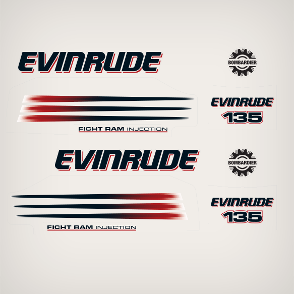 2002-2006 EVINRUDE 135 hp Ficht Ram Injection decal Set White Models 0215288, 0215292, 0215291, 0215276, 0215279, 0215287, 0215294