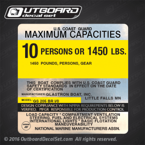Glastron GS 205 BR I/0 Boat Capacity decal