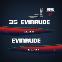 1996-1997 Evinrude 35 hp Elan decal set 0284887- waring decals  small warning decal reads  emergency restart clip attache demarrage d'urgence  horizontal warning decal reds:  warning — ensure shift control is in neutral before starting motor.  attention —