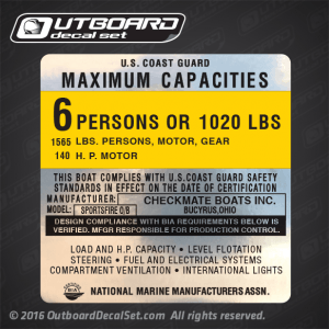 4X4 Checkmate Boats Inc Sportsfire O/B Capacity decal 